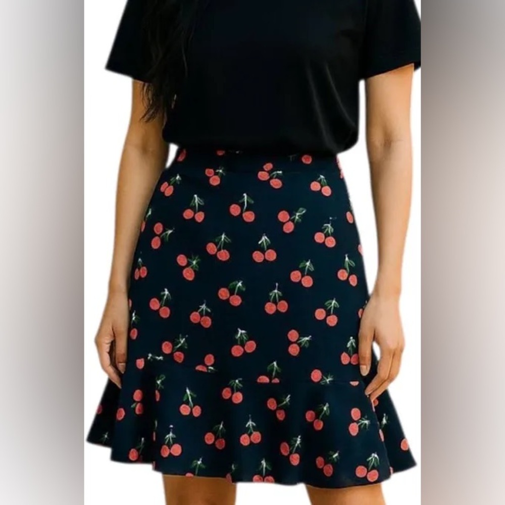 🍒 Talbots Woman 22W Cherry Print Flounce Skirt Navy Red Fruit Pattern NWT